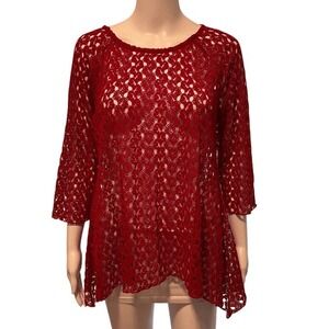 Chico's Red Open Knit Crochet Sharkbite Hem Top Size 1 (M)
